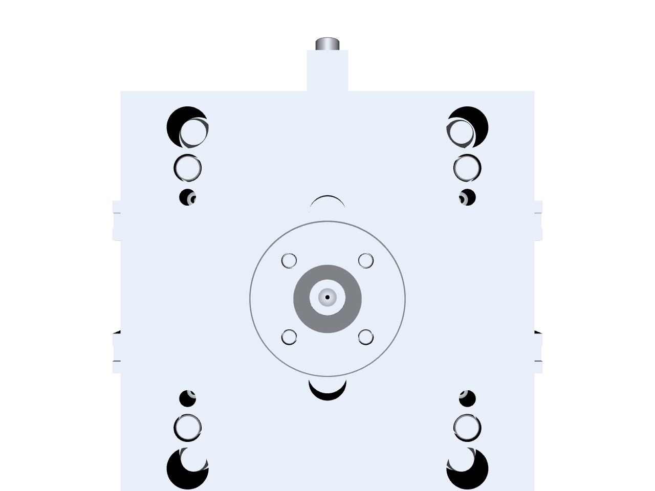 Widok z gory — layout gniazd, pierscien centrujacy